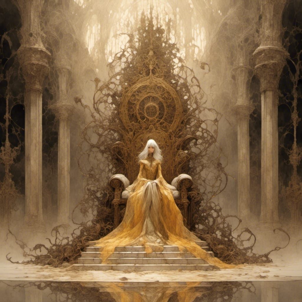 Steampunk Creature on Bone Throne in Watercolor Style