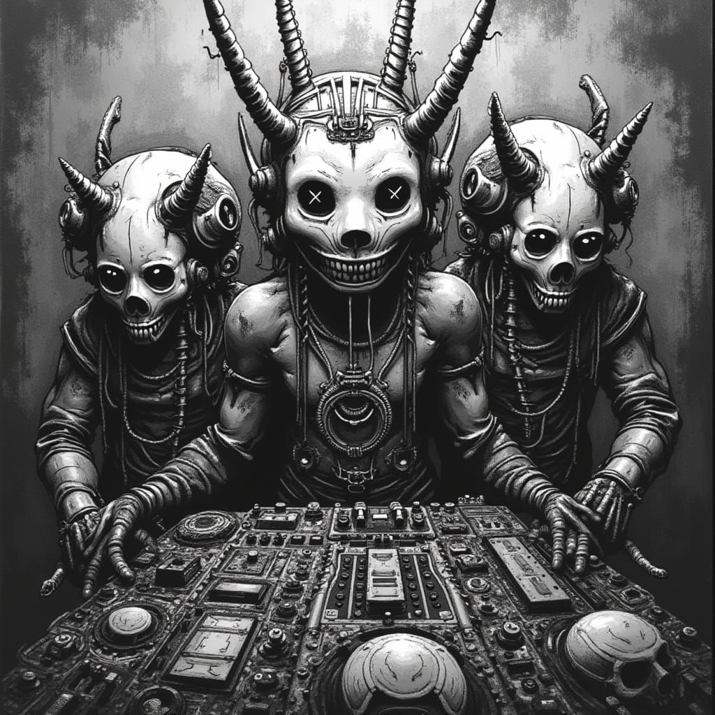 Gritty Cyberpunk Rave Scene in High-Contrast Black and White