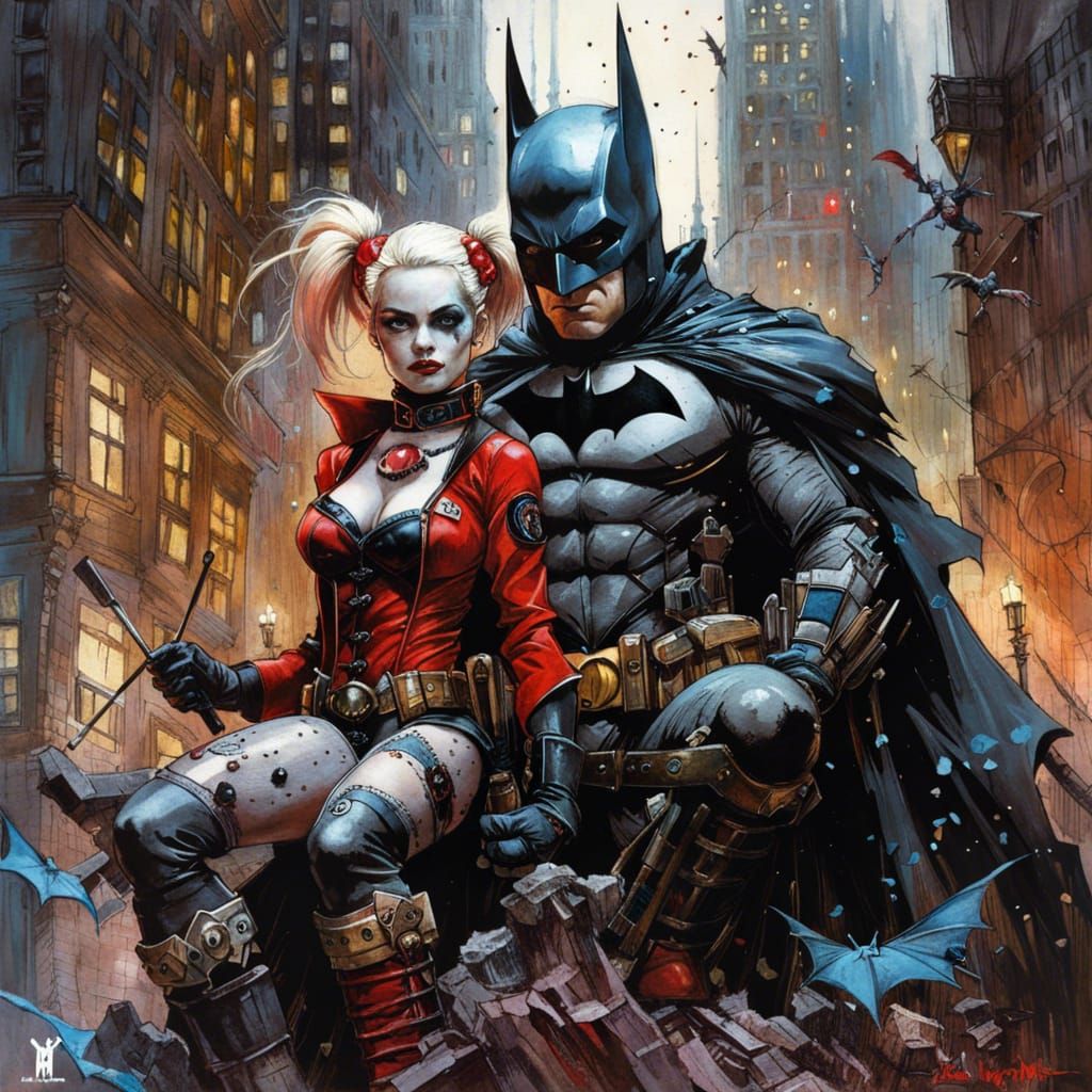 Batman and Harley Quinn in Dark Fantasy Style