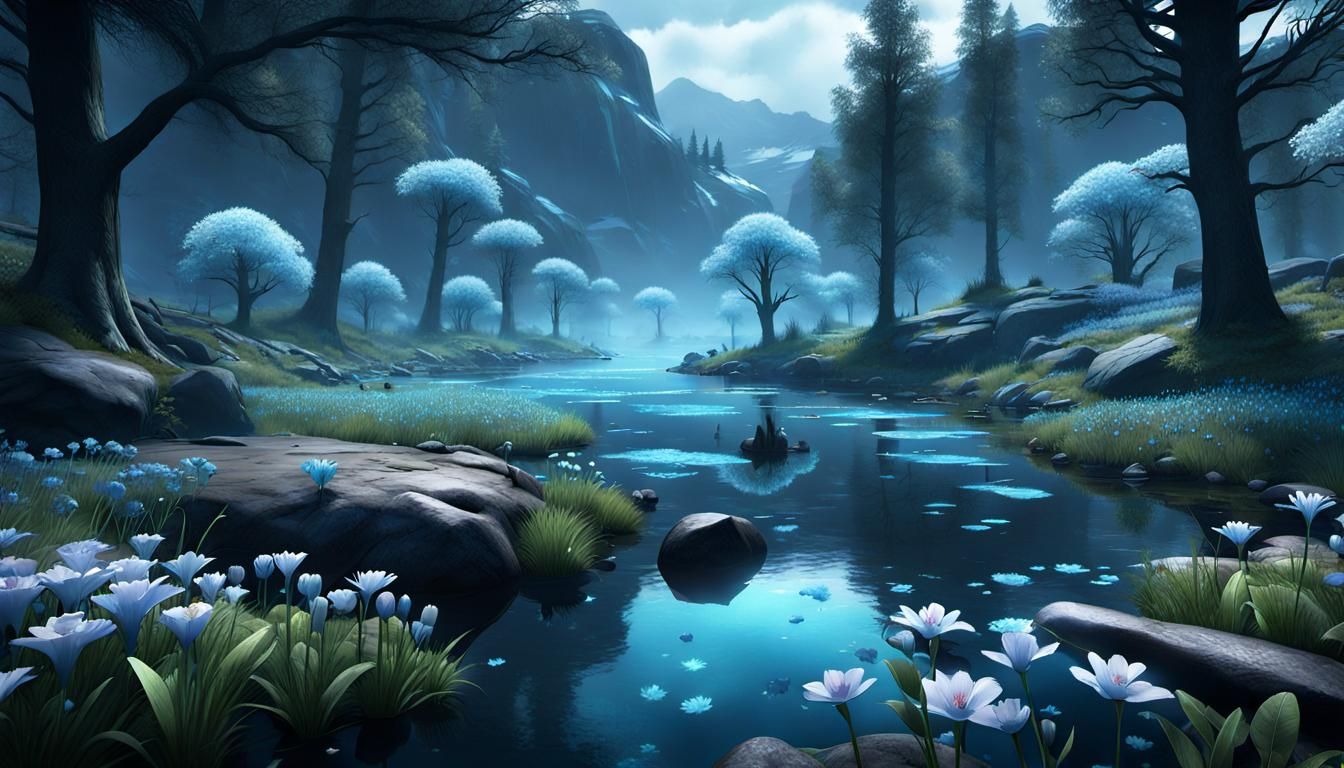 Ultra Realistic Gaming Landscape with Bioluminescent Flowers