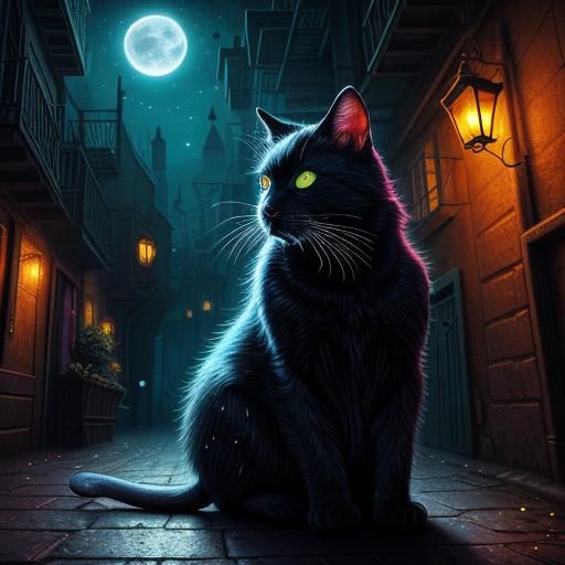 Mystical Stardust Cat in Dim Alleyway