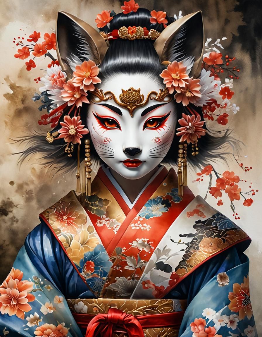 Geisha with Kitsune Mask in Watercolor Style
