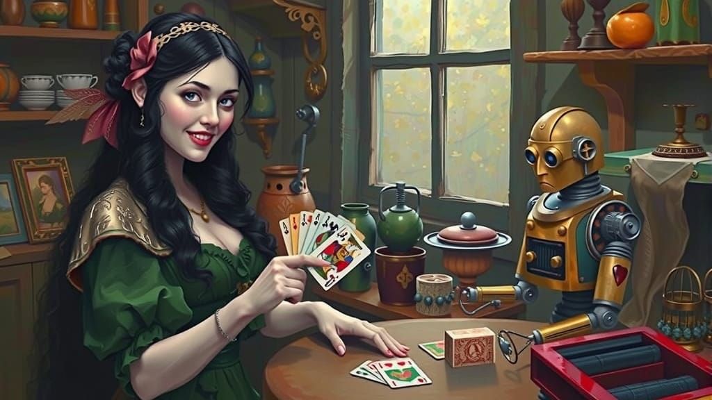 Victorian Fairy Plays Cards with Robot