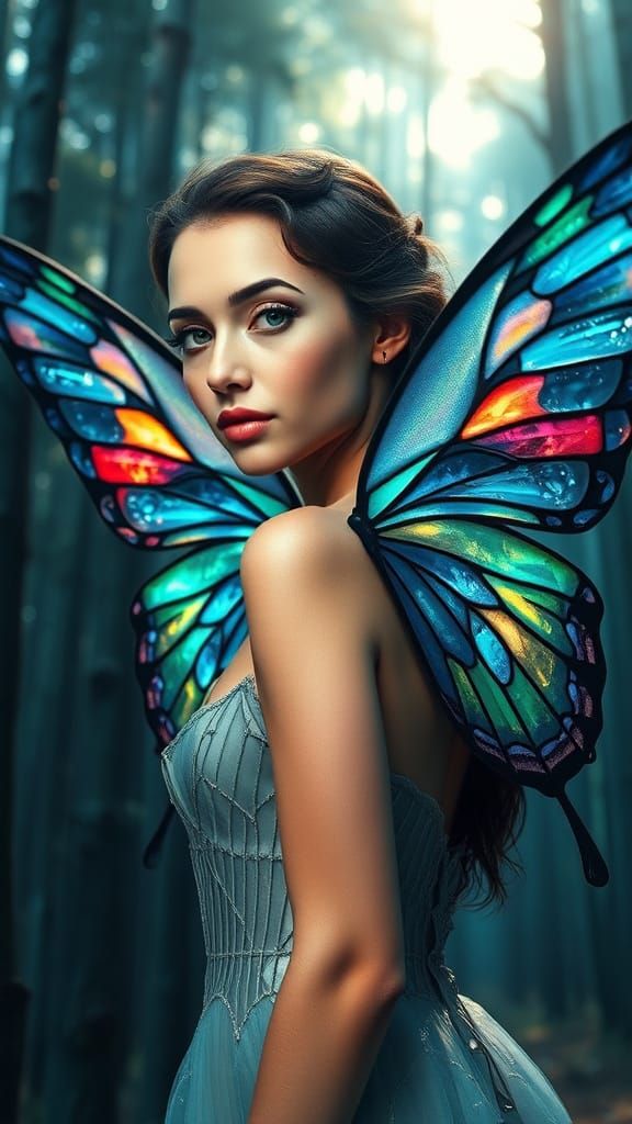 Majestic Model With Butterfly Wings in Luminous Glass Forest