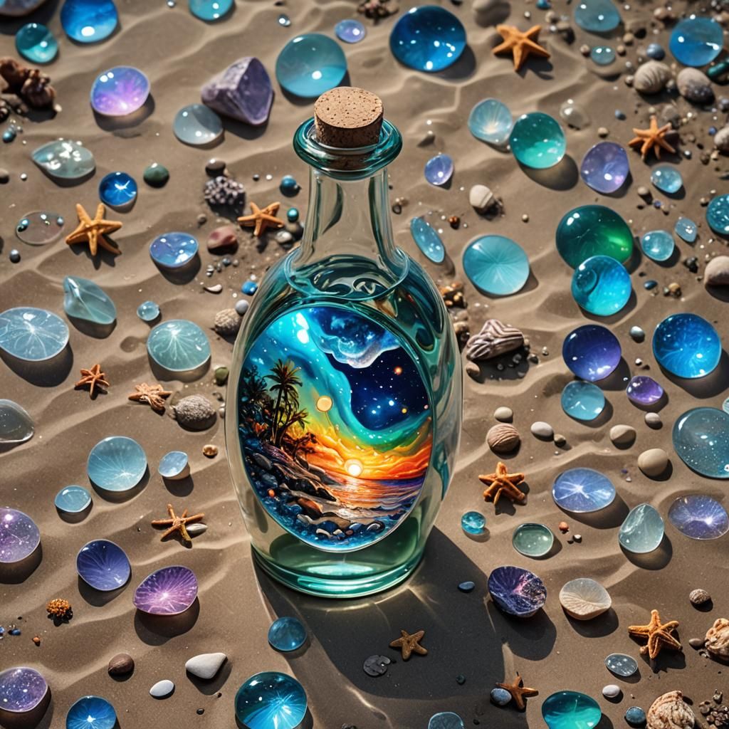 Message in a Bottle on Beach, Holographic Illustration
