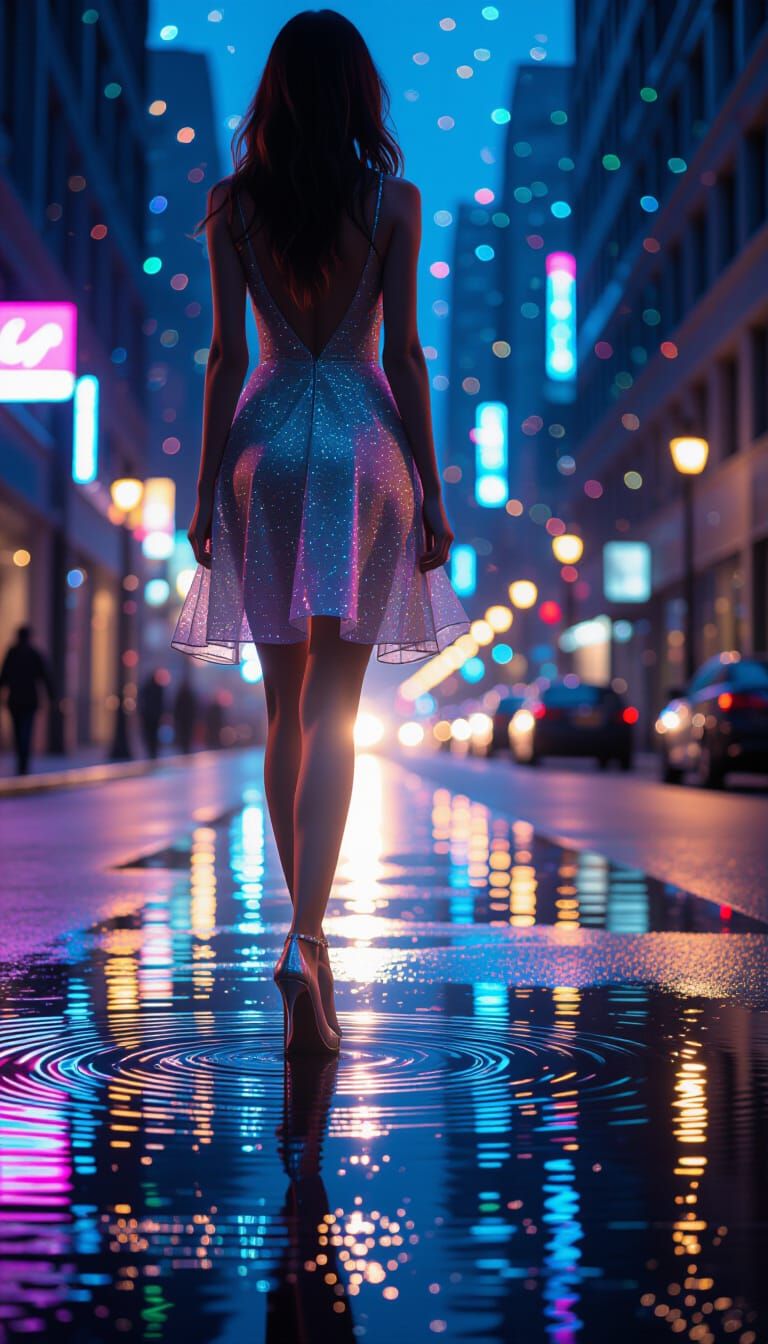 Hyperrealistic Woman in Luminous Puddle