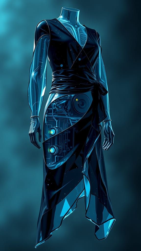 Futuristic Obsidian Glass Dress With Glowing Circuitry