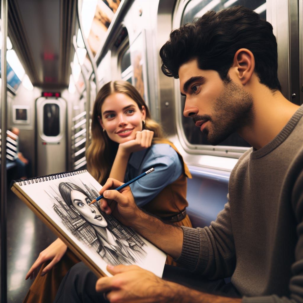 Artist Sketching Woman on Subway Train