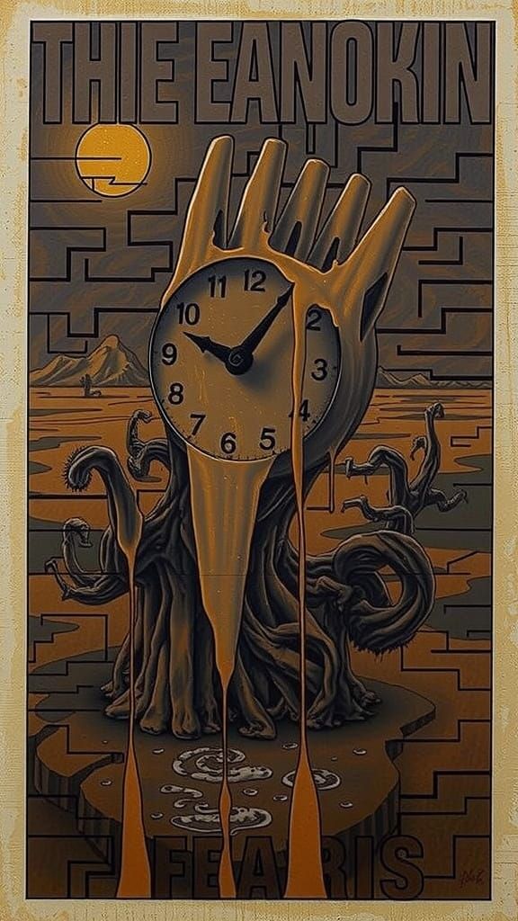 Surreal Pencil Drawing of Melting Clock Over Twisted Desert ...