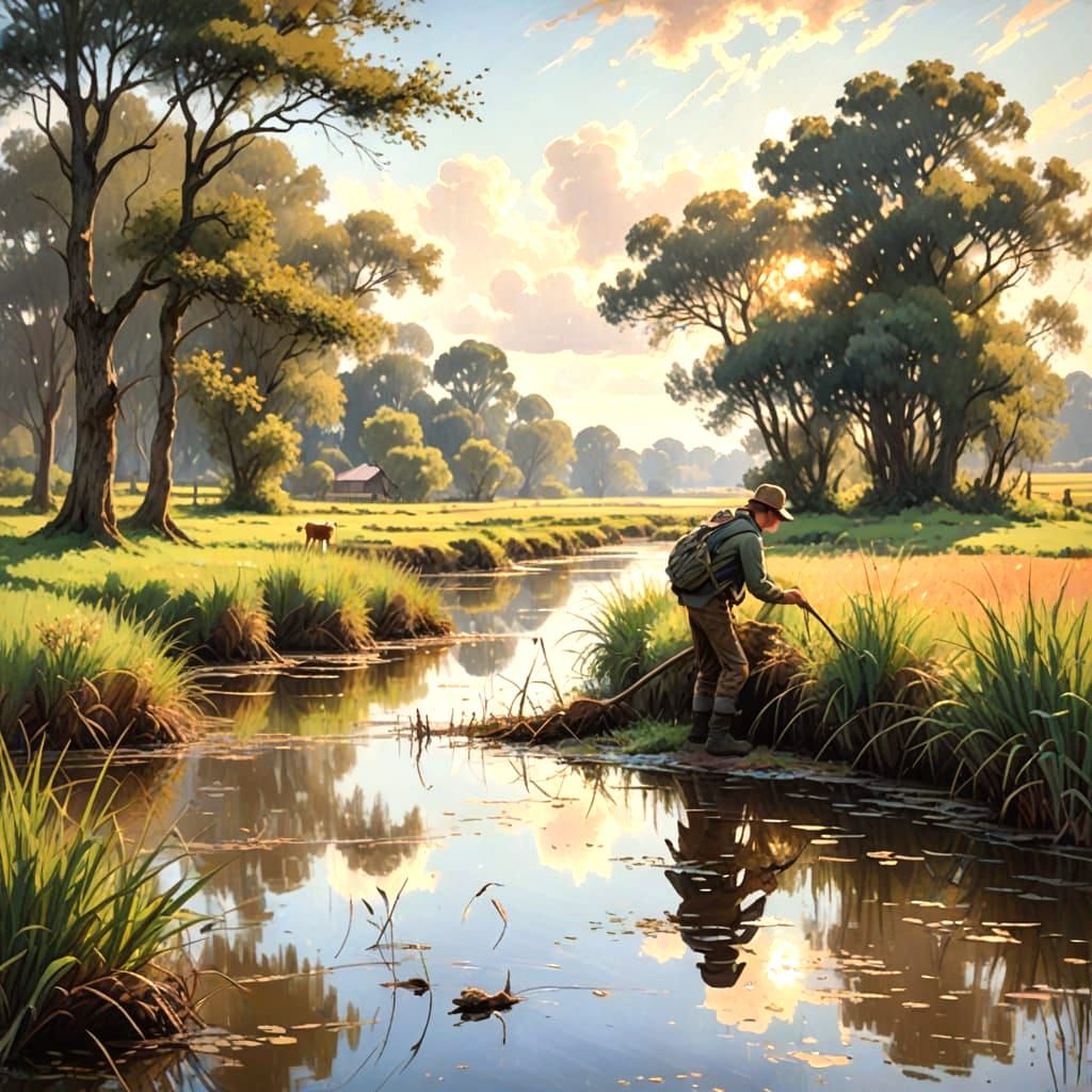 "A serene countryside scene by a reedy water's edge, with ca...