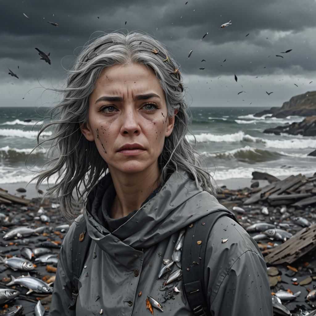 Girl's Disgusted Expression on Trashed Seashore: Digital Art