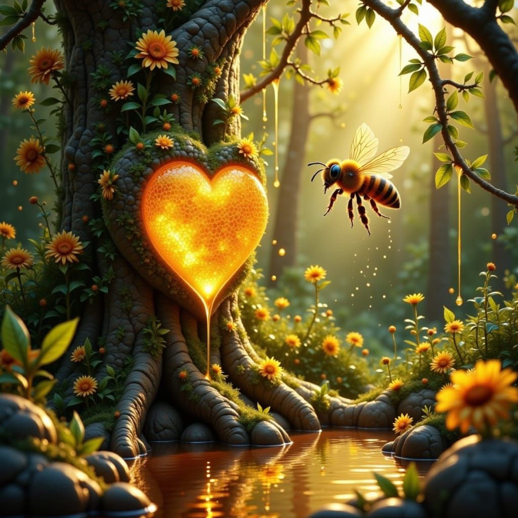 Fantasy Scene of Honeybees and Glowing Heart Honeycomb