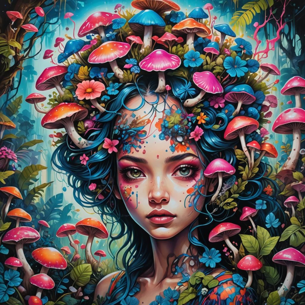 Psychedelic Girl with Flowers in Lush Jungle