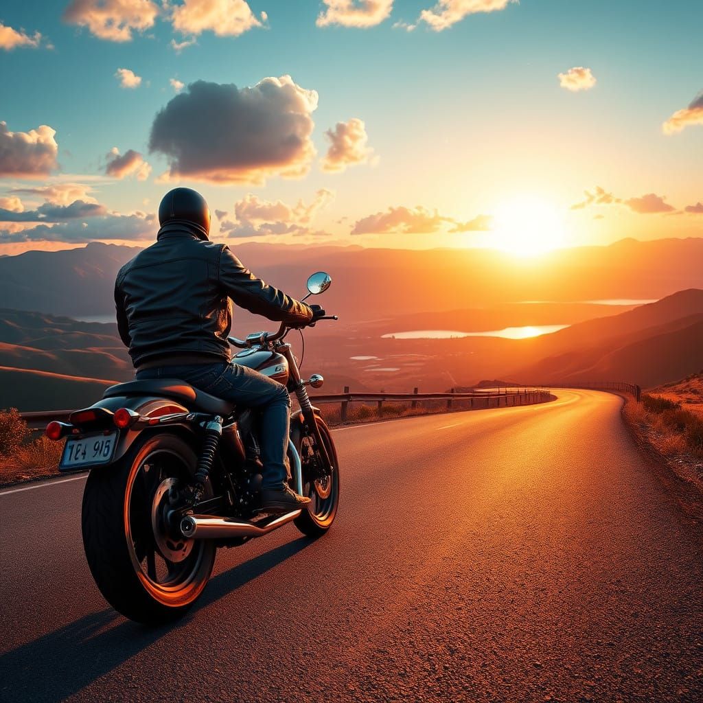 Surreal Sunset Motorcycle Ride Amidst Majestic Landscapes