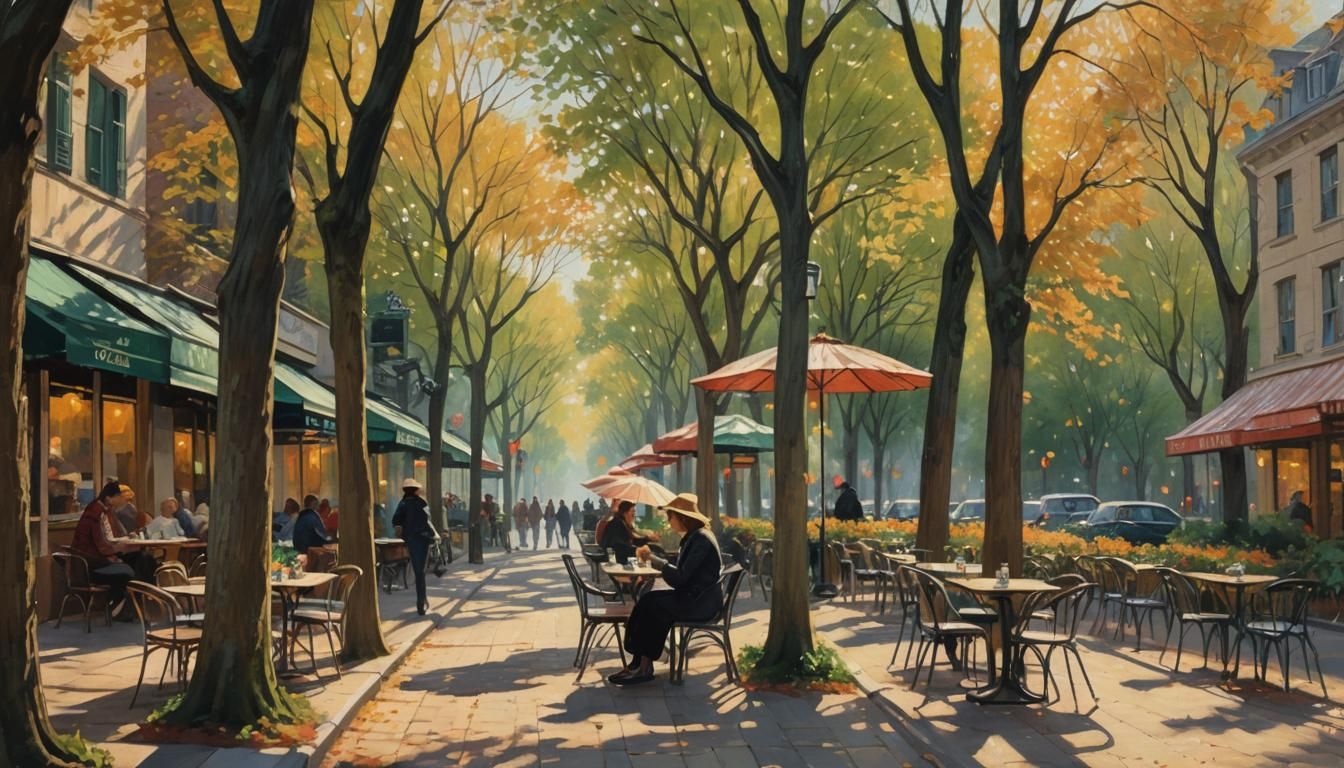 Sidewalk Cafe Scene in Impressionist Style