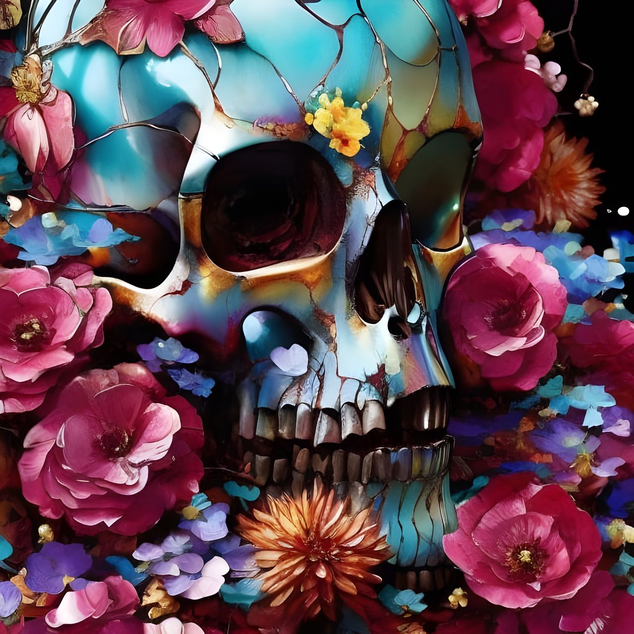 Floral Stained Glass Skull: Intricate Illustration