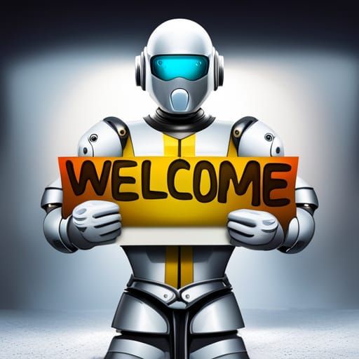 Humanoid Robot Graffiti Art With Welcome Sign