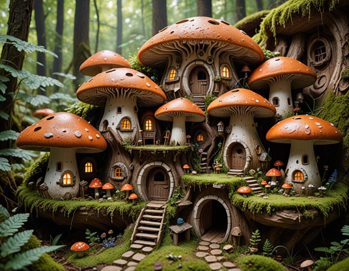 Miniature Village Inside a Mushroom