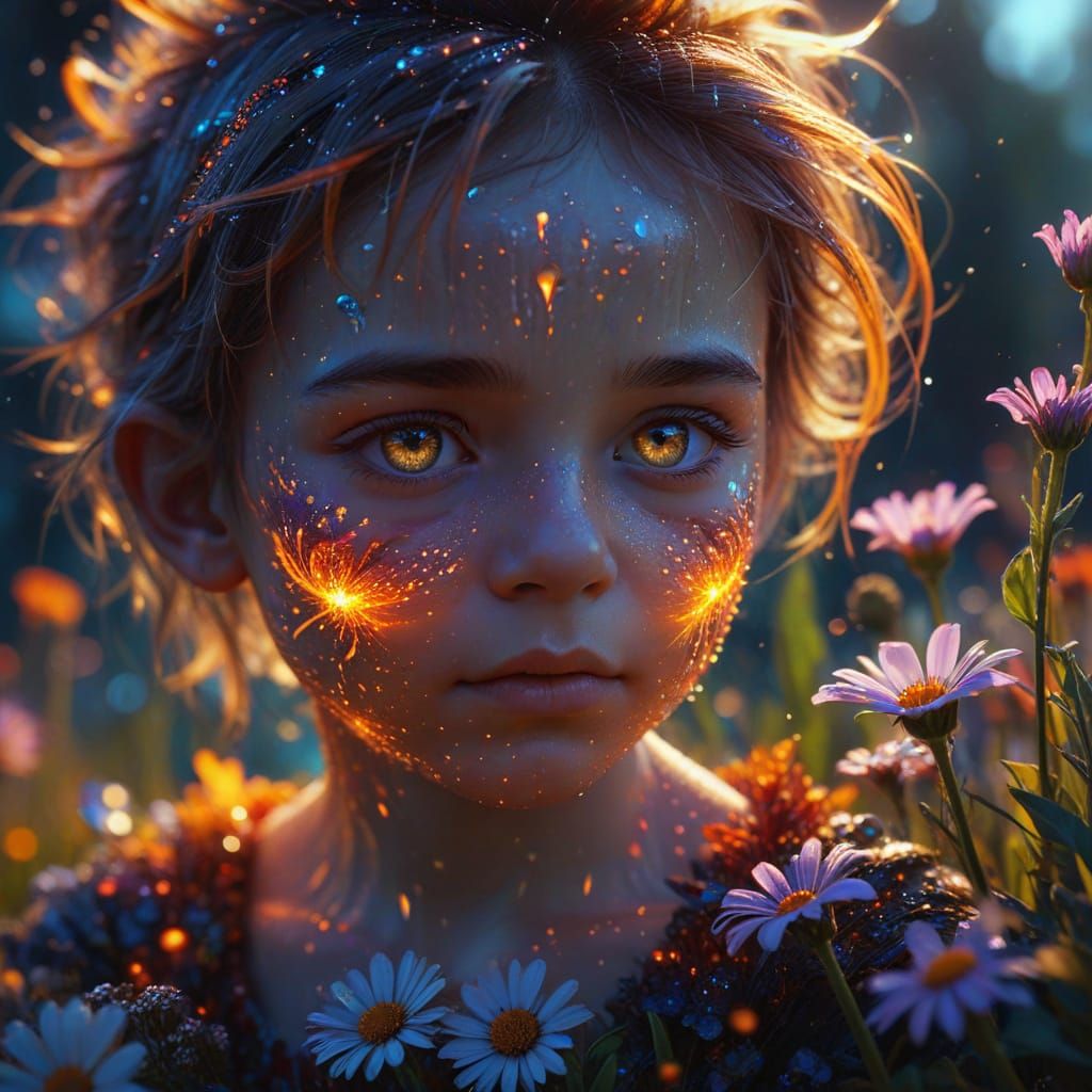 Celestial Child Weeping in Field of Flowers