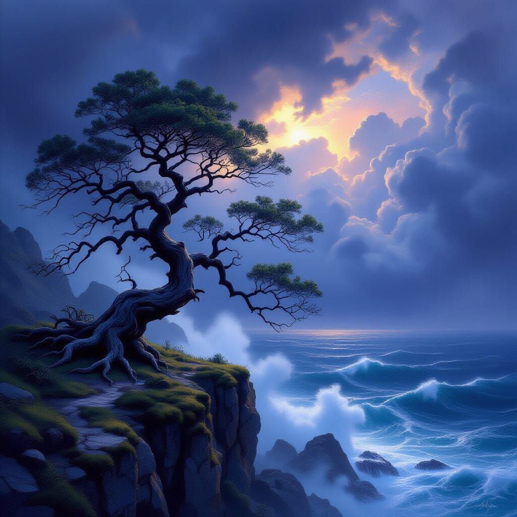 Ancient Tree on Windswept Cliff Overlooking Stormy Ocean