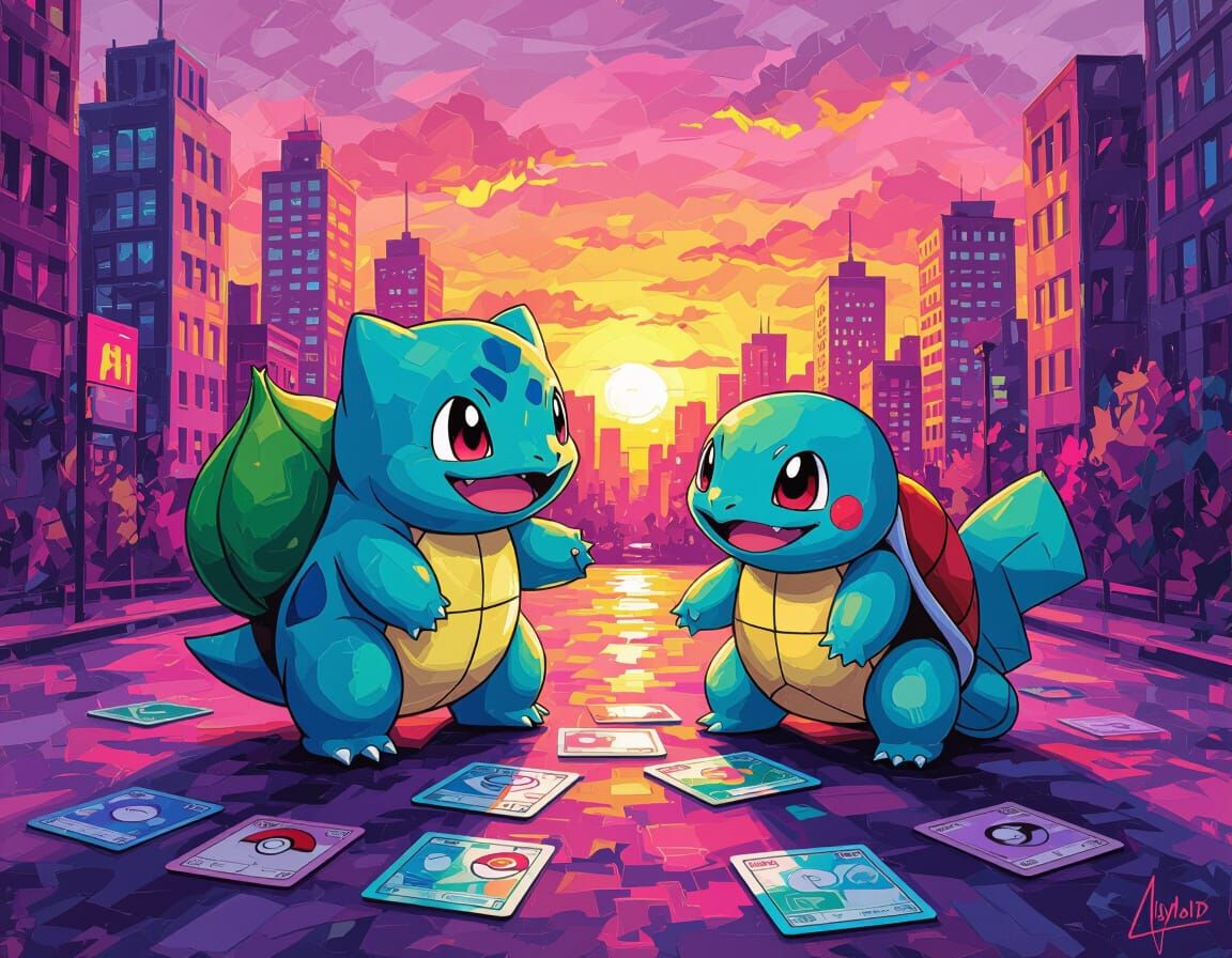 Bulbasaur and Squirtle in Cityscape, Neo-Impressionism Style