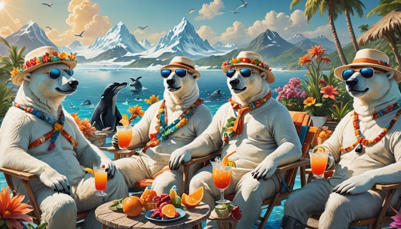 Polar Bears on Iceberg Enjoying Tropical Vacation