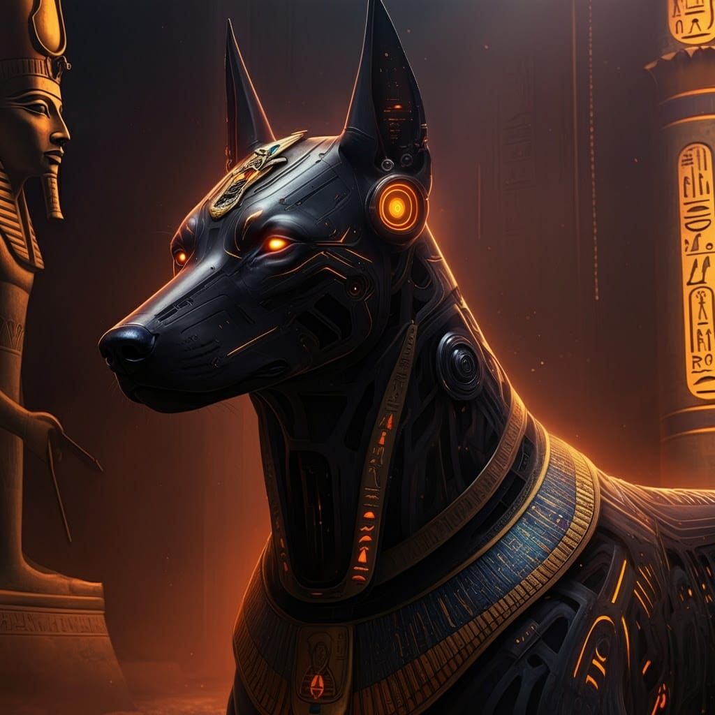 Cybernetic Anubis Guard Dog in Futuristic Egyptian Style
