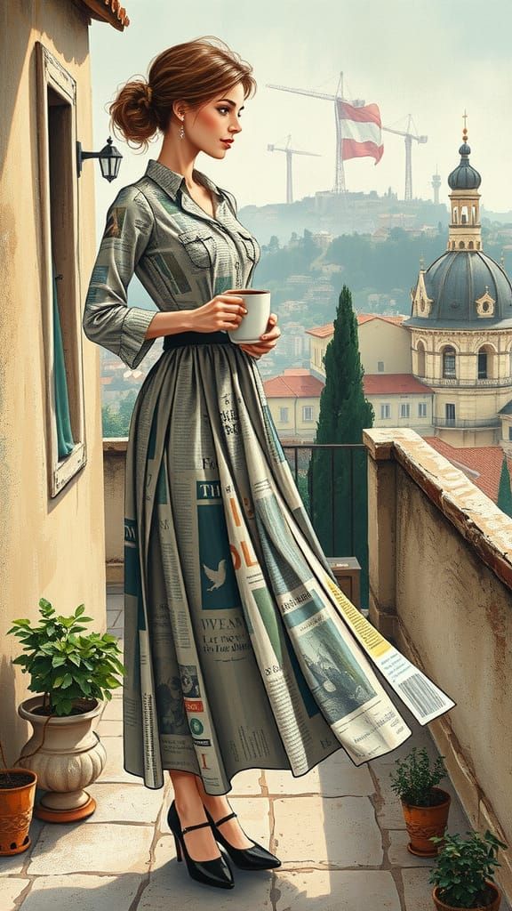 Newspaper Woman on Terrace, Digital Collage Art