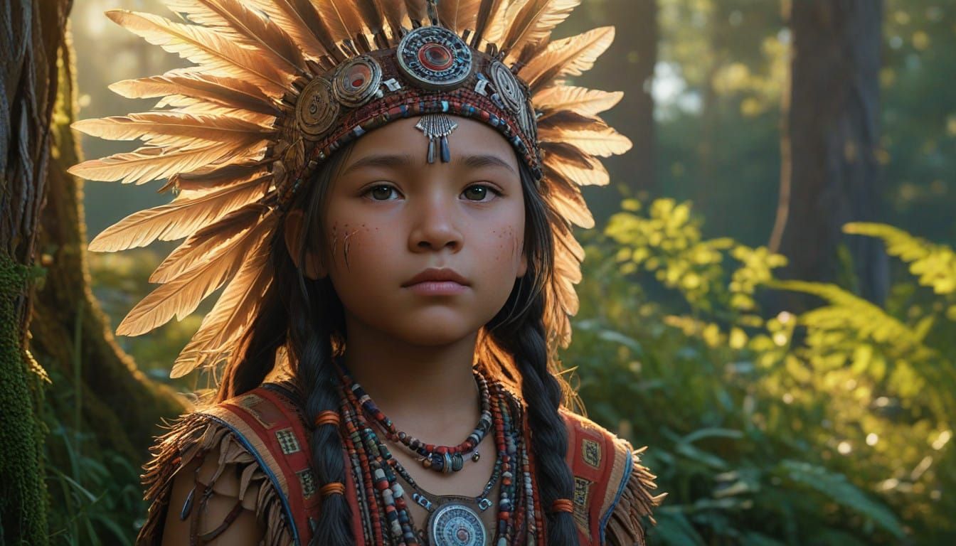 Young Native American Child in Traditional Regalia Gazing at...