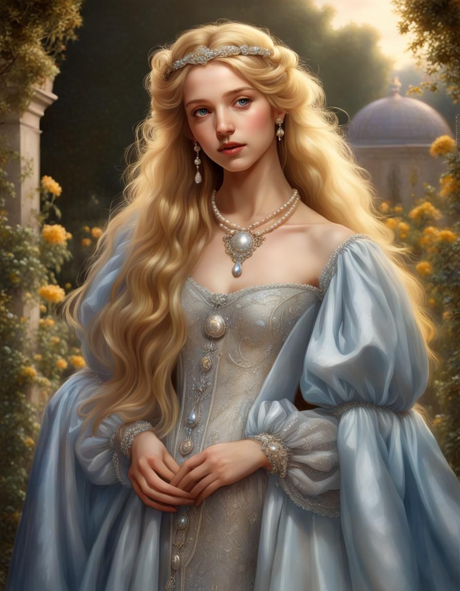 Renaissance Girl in Silver Gown in Garden