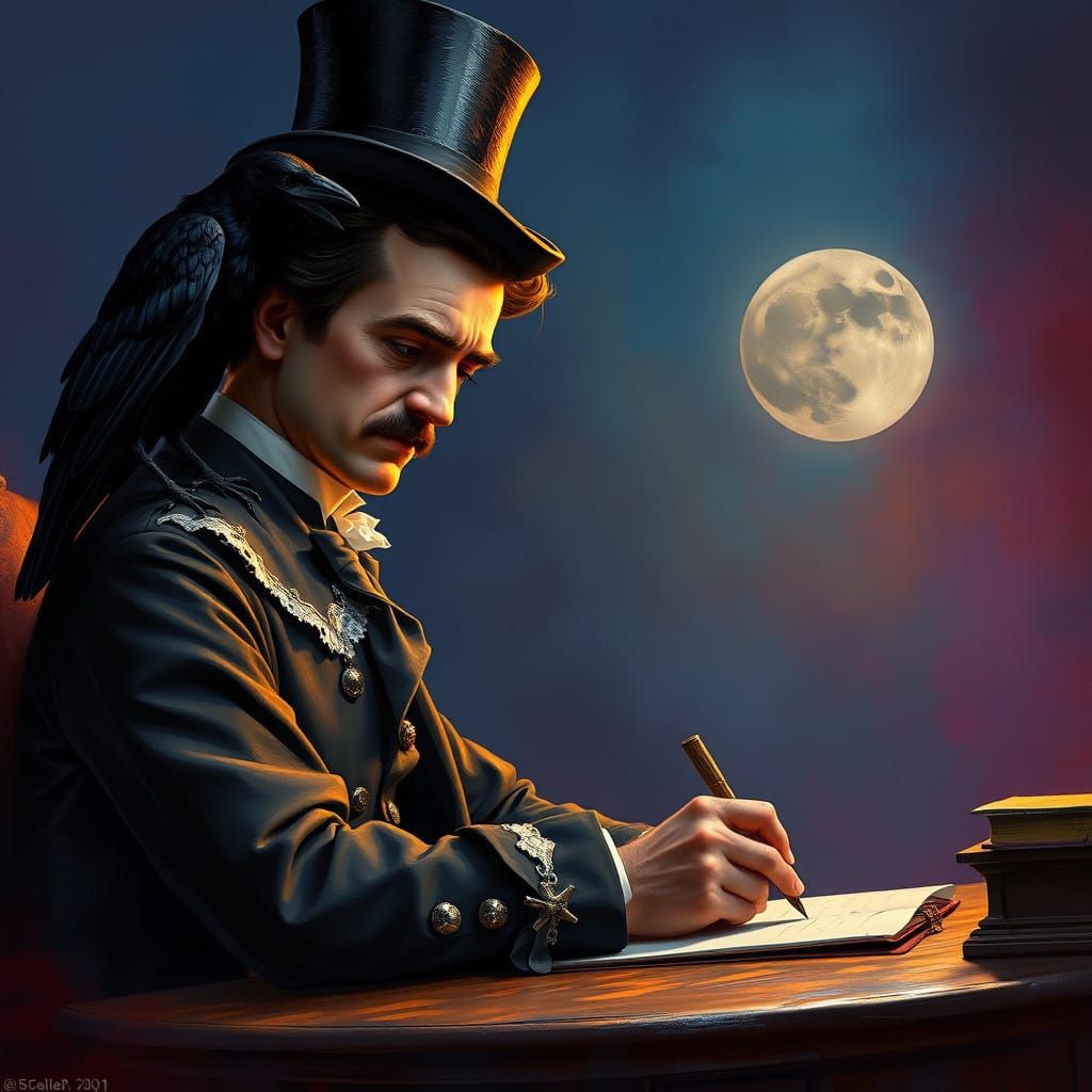 Dark Romantic Vision of Edgar Allan Poe Writing The Raven