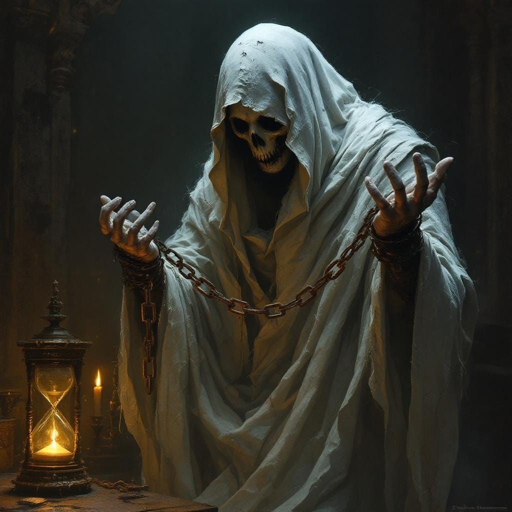 Ethereal Ghost Chained to Hourglass in Fantasy Art