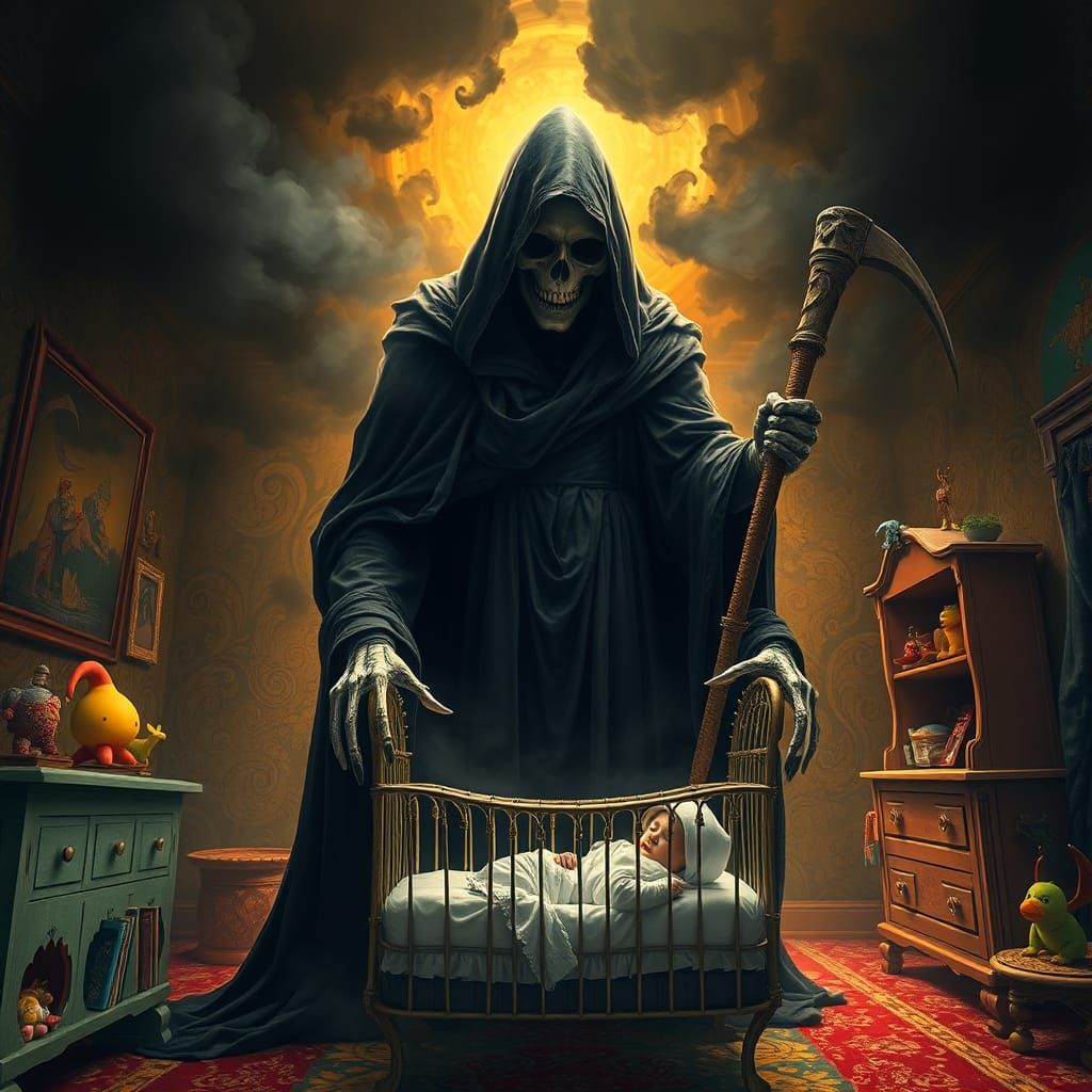 Grim Reaper over Baby in Nursery, Dark Fantasy Art