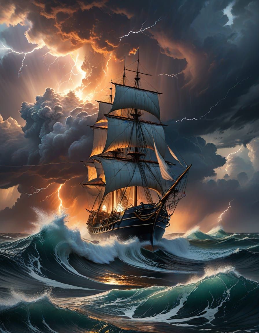 Sail Frigate in Stormy Sea Near Lighthouse, Vibrant Sky