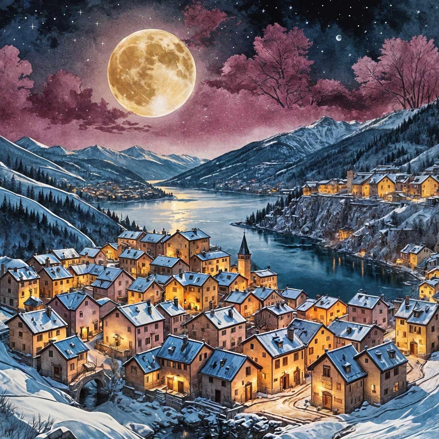 Snowy Village Under Magenta Moon, in Renaissance Style
