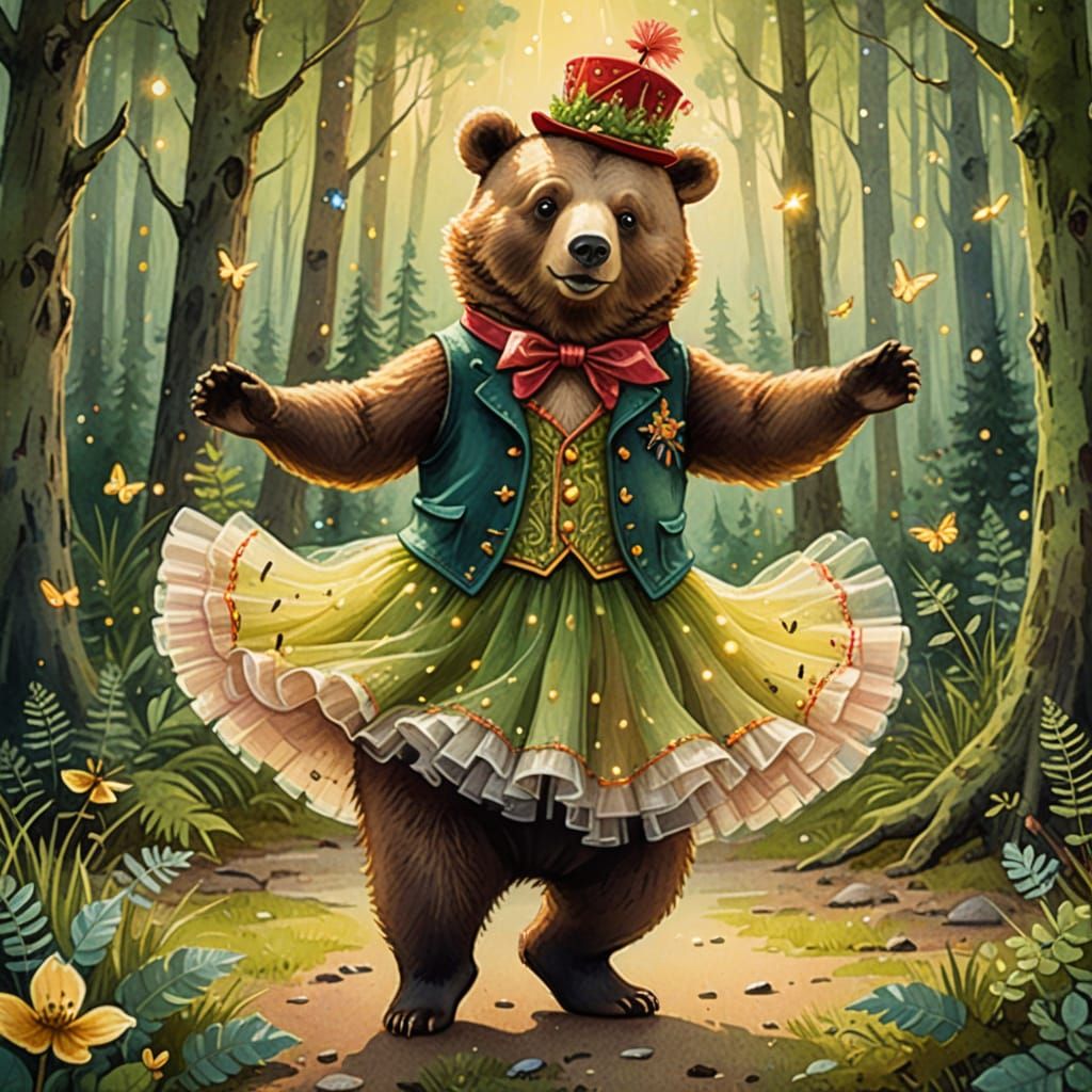 Bear Dances in Forest Clearing: Whimsical Fantasy Art