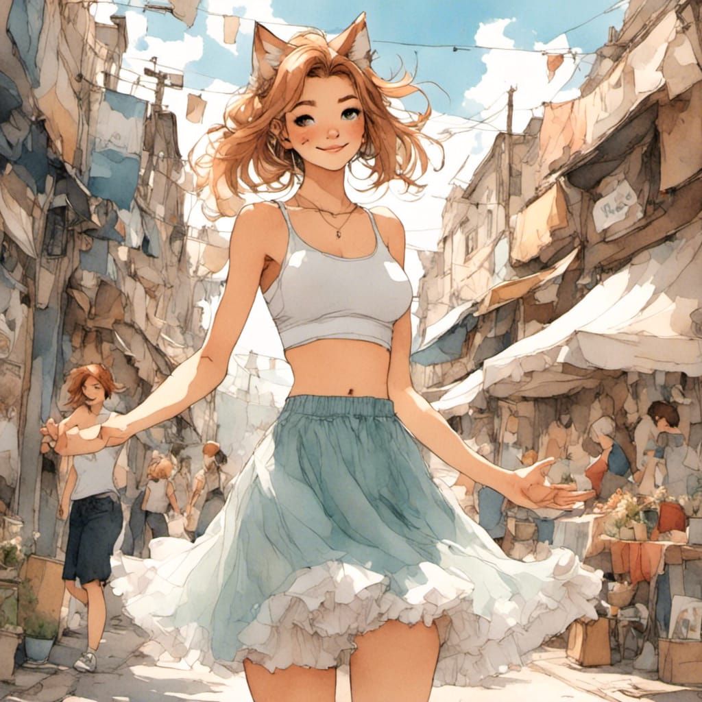 Fox-girl VIXEN wearing a sports bra, high waisted bell tulle...