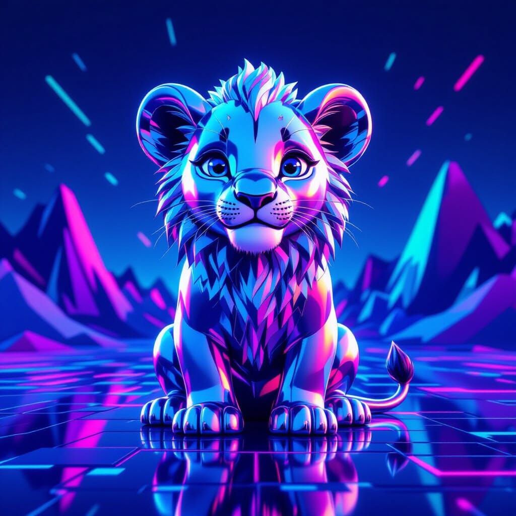 Chrome Lion Cub on Abstract Geometric Landscape