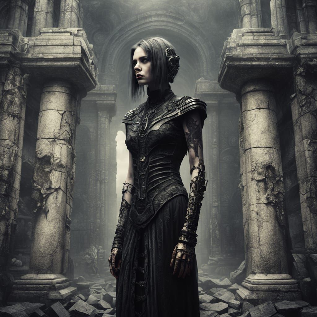 Ethereal Gothic Goddess Among Ruins in Biomechanical Oil Pai...
