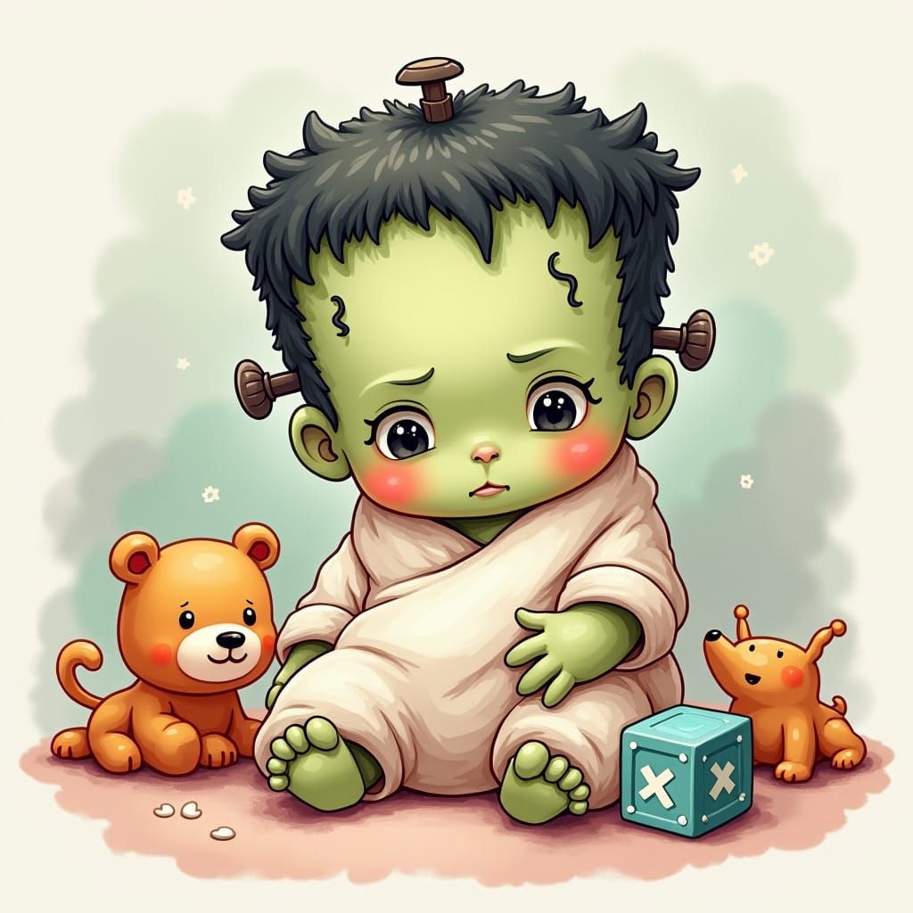 Adorable Chibi Baby Frankenstein in Nursery
