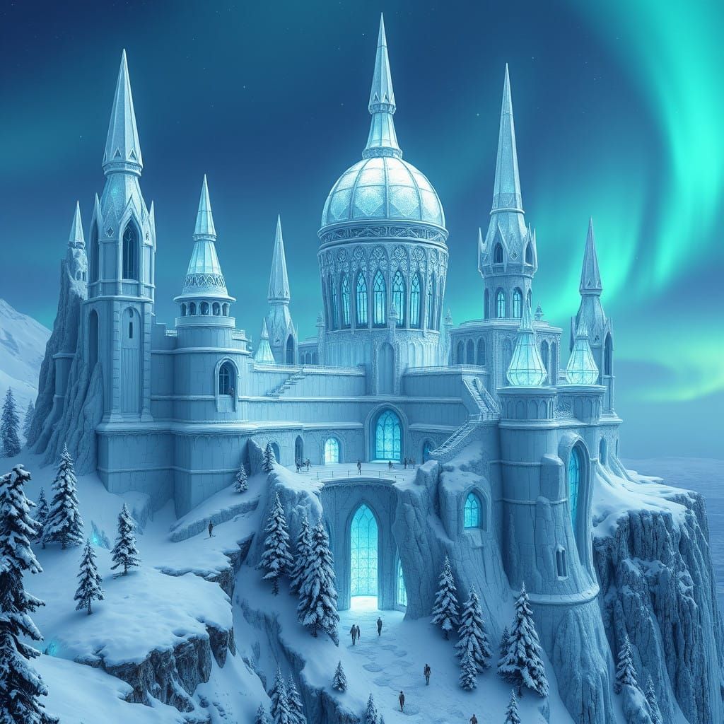 Ethereal Crystal Architecture Overlooks Frozen Sea in Ancien...