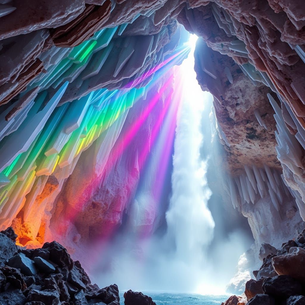 Crystal Cave Illuminated by Rainbow Light, Home to a Gushing...