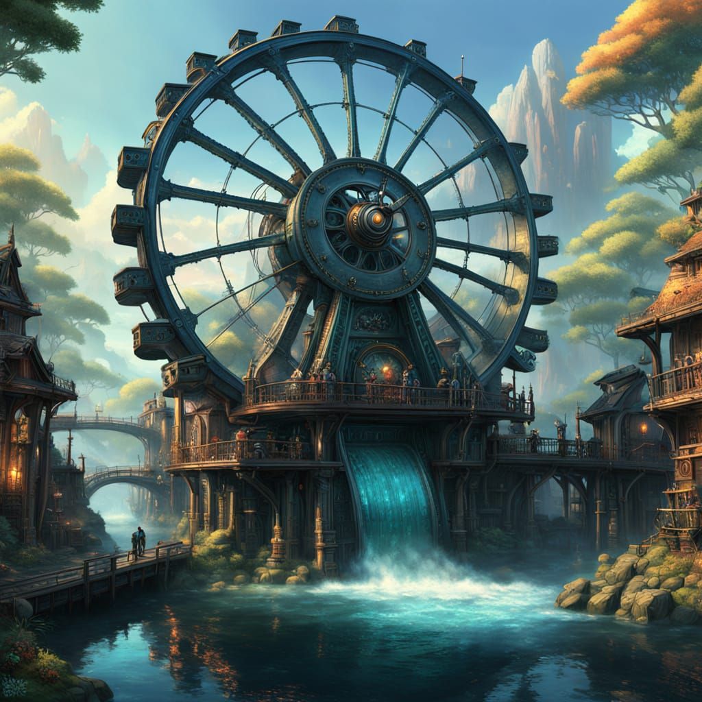 Steampunk Waterwheel in Vibrant, Iridescent Hues