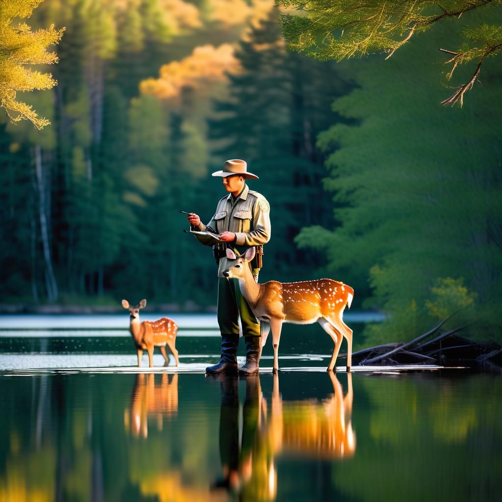 Park Ranger Stroking Deer by Forest Lake
