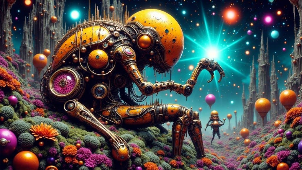 Whimsical Nanobot in Futuristic Rococo Landscape