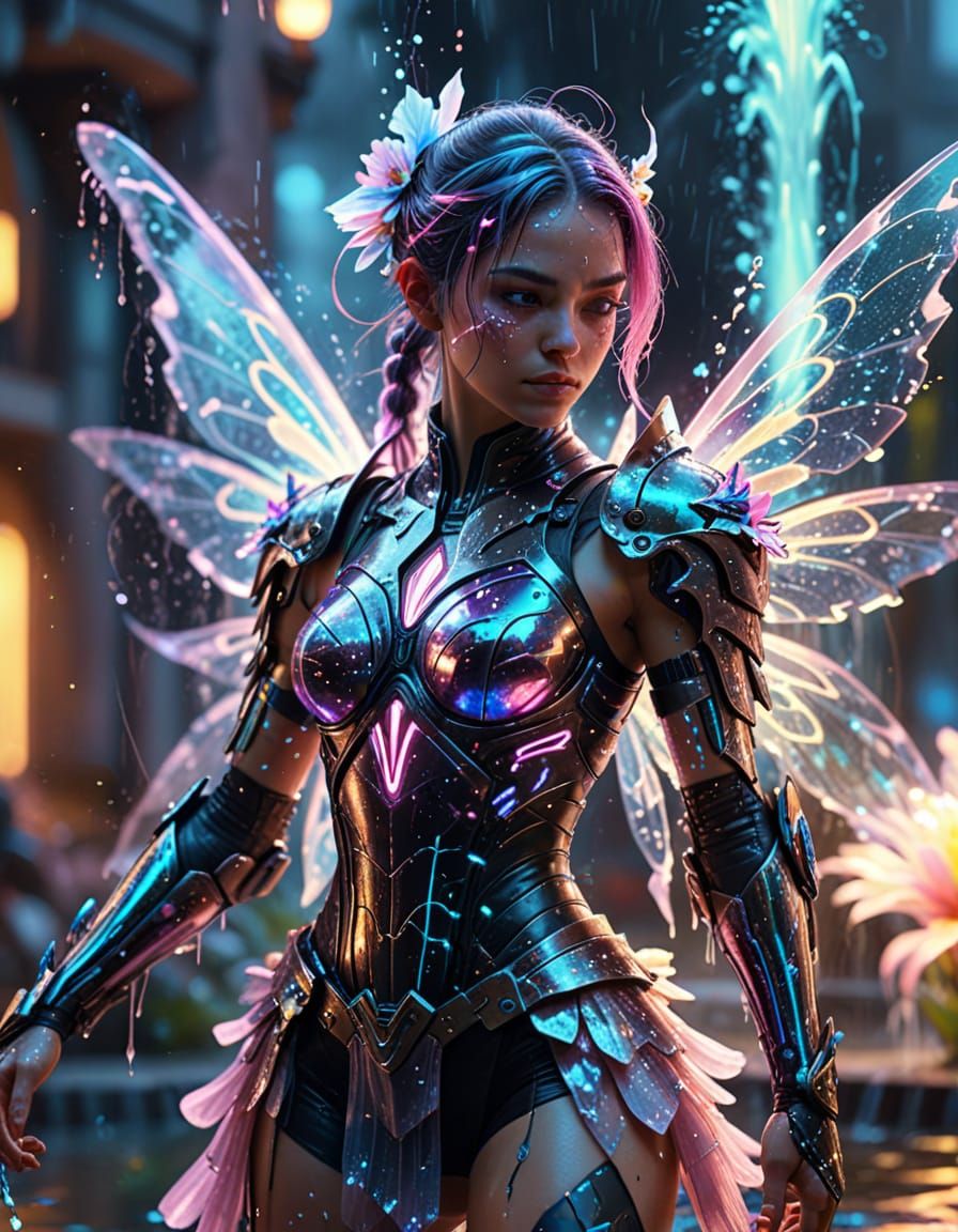 Cyberpunk Fairy in Combat Stance: Surreal Digital Art