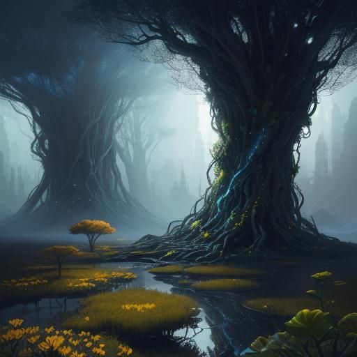 Lush Fantasy Realm with Woman in Matte Painting Style