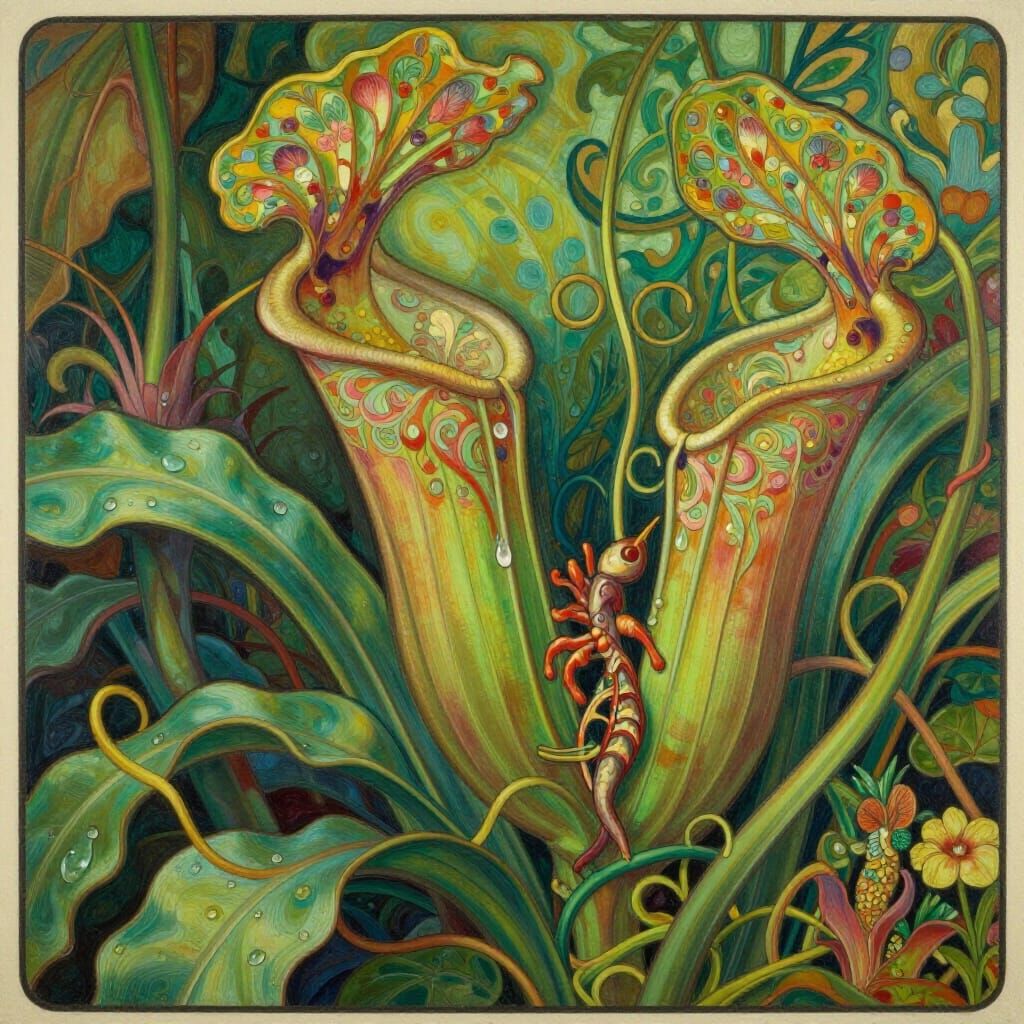 Art Nouveau Carnivorous Plant Engulfing Prey in Lush Jungle
