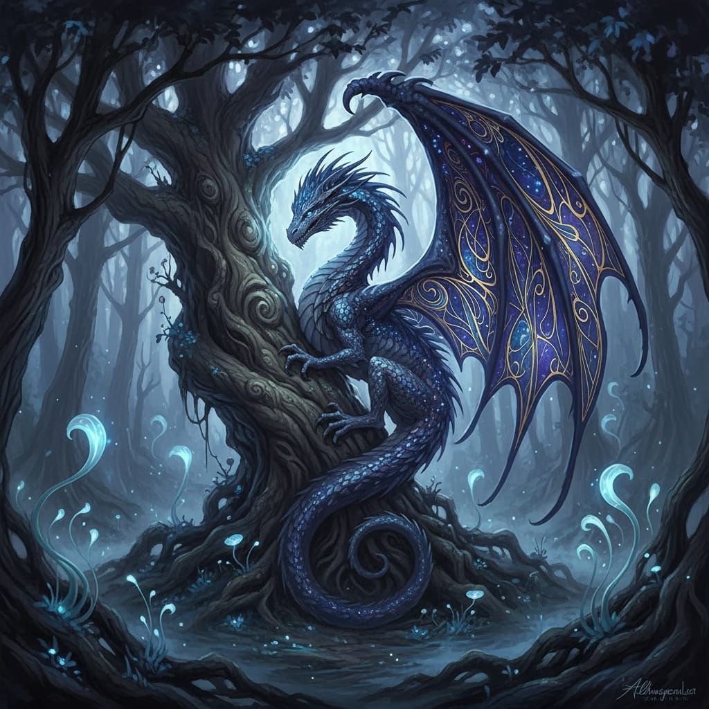 Celestial Dragon Coils Around Ancient Tree in Mystical Fores...