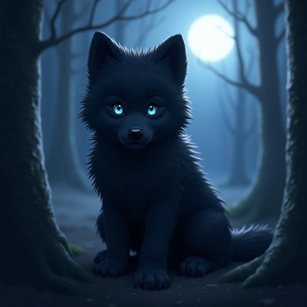 Mystical Black Wolf Pup in Moonlight: 3D Anime Art